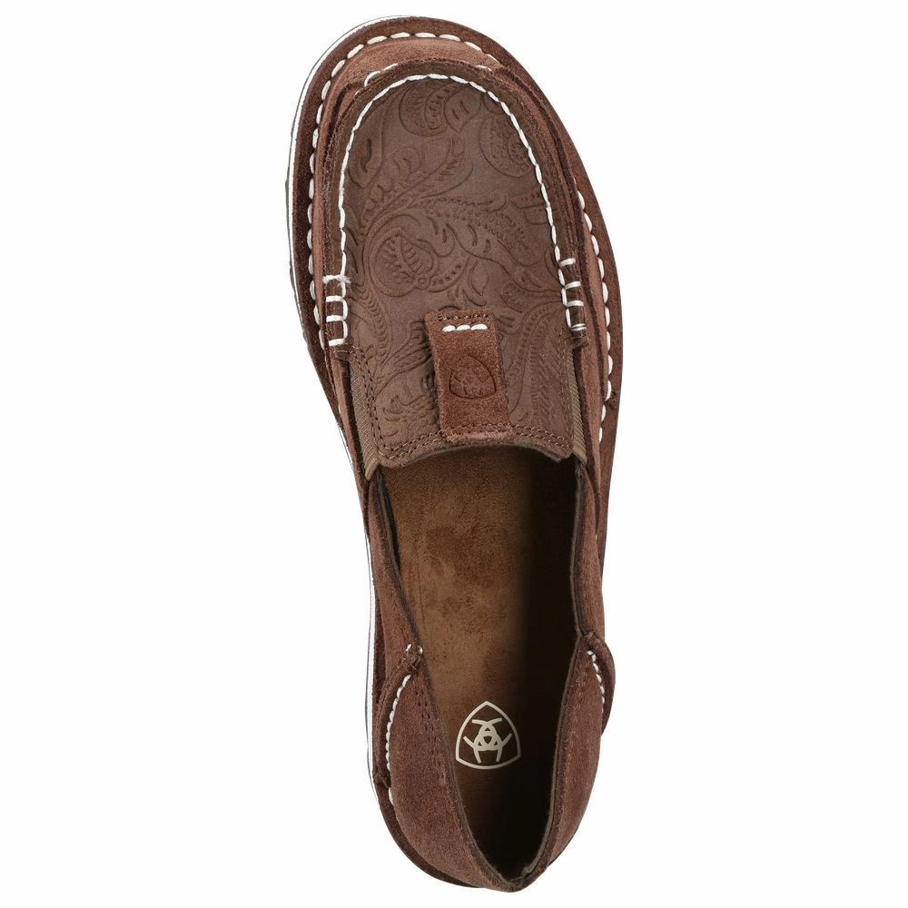 Ariat Cruiser Floral Embossed Leather Slip-On Shoes for Ladies - Brown Suede/Brown Floral Emboss - 9M