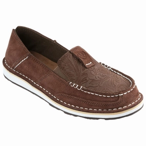 Ariat Cruiser Floral Embossed Leather Slip-On Shoes for Ladies - Brown Suede/Brown Floral Emboss - 9M