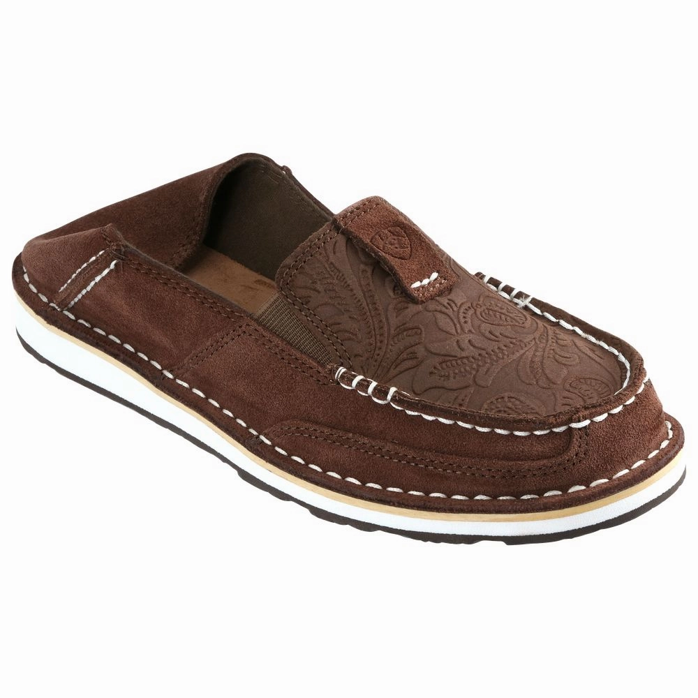 Ariat Cruiser Floral Embossed Leather Slip-On Shoes for Ladies - Brown Suede/Brown Floral Emboss - 9M