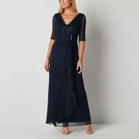 G Iii Leather Fashions Inc Jessica Howard 3/4 Sleeve Evening Gown - NAVY 18