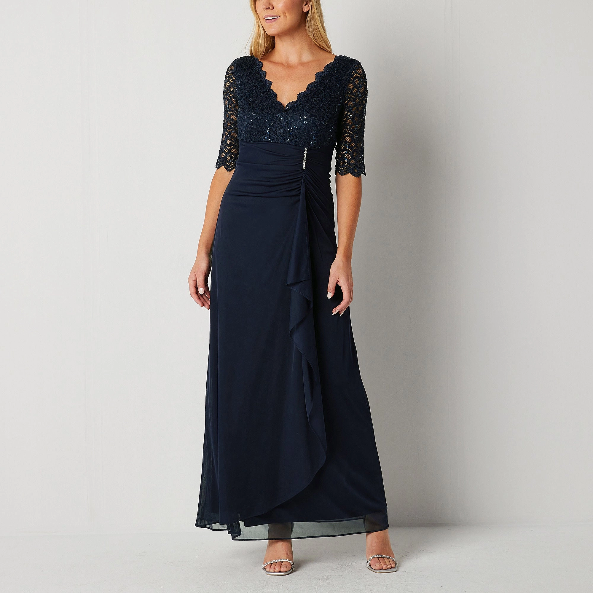 G Iii Leather Fashions Inc Jessica Howard 3/4 Sleeve Evening Gown - NAVY 18