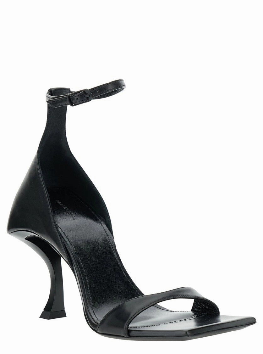 Hourglass' Black Sandals With Curved Heel In Leather