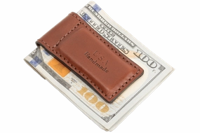 Medium Brown Premium Leather Men's Magnetic Money Clip (Holds 30 Folded Bills)