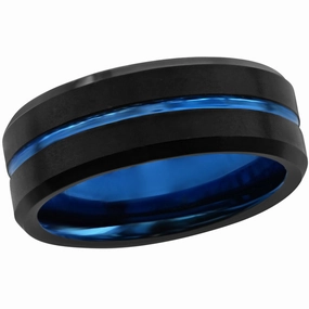 Men's Ring - Matte Black and Blue Stripe Tungsten, Size 9 | SW-2076-9