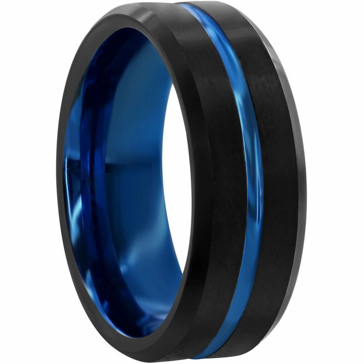 Men's Ring - Matte Black and Blue Stripe Tungsten, Size 9 | SW-2076-9