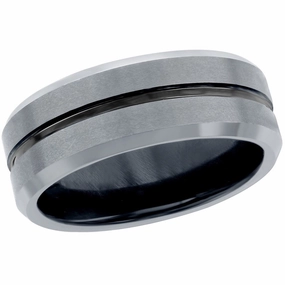 Men's Ring - Polished Silver and Black Stripe Tungsten, Size 9 | SW-2077-9