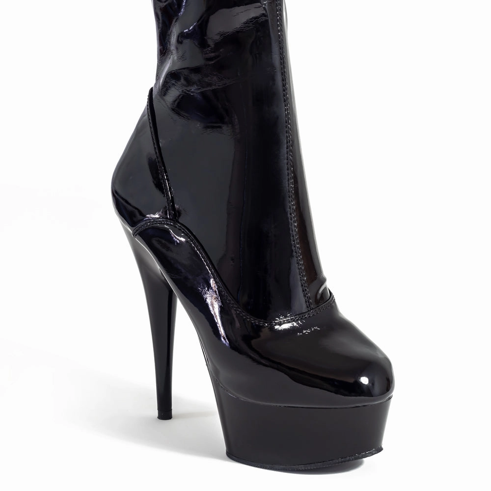 Pleaser Delight 6" Stiletto Platform Knee Boots - Patent Black