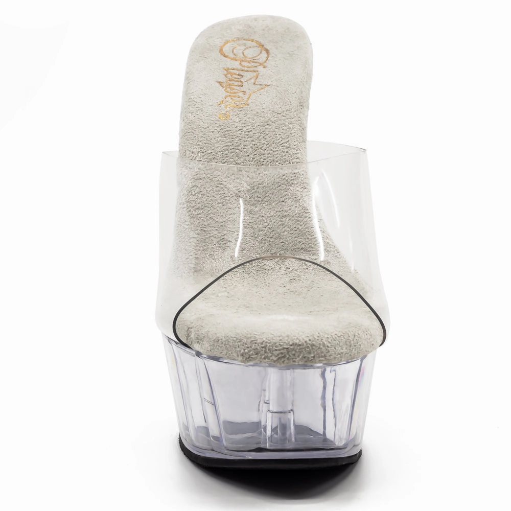 Pleaser Delight 6" Stiletto Platform Slide Sandals - Clear/Clear