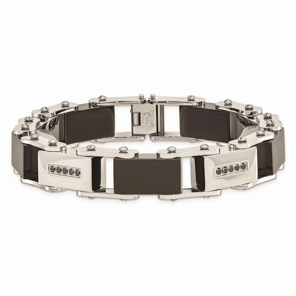 Stainless Steel Black-plated w/Black Diamonds 8.5in Bracelet