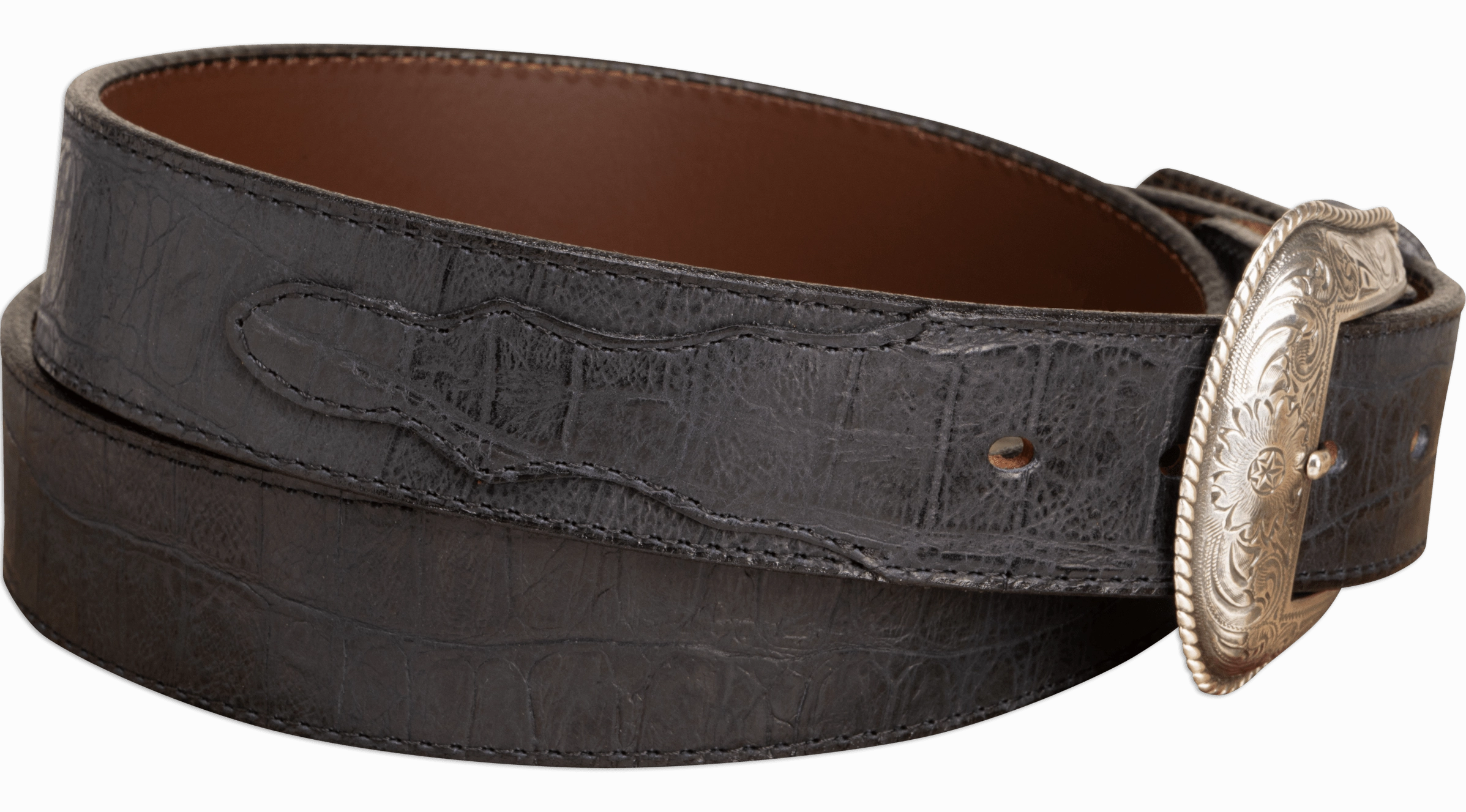 The Chomper: Men's Black Stitched Alligator Design Western Leather Belt 1.50"