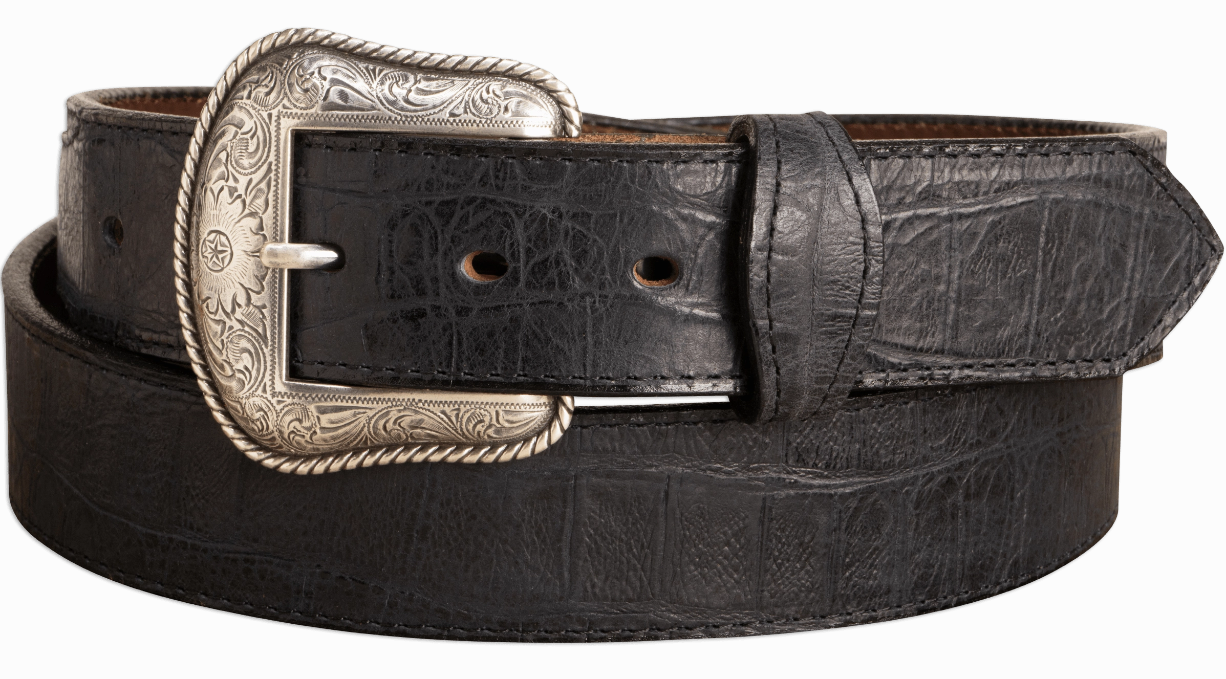 The Chomper: Men's Black Stitched Alligator Design Western Leather Belt 1.50"