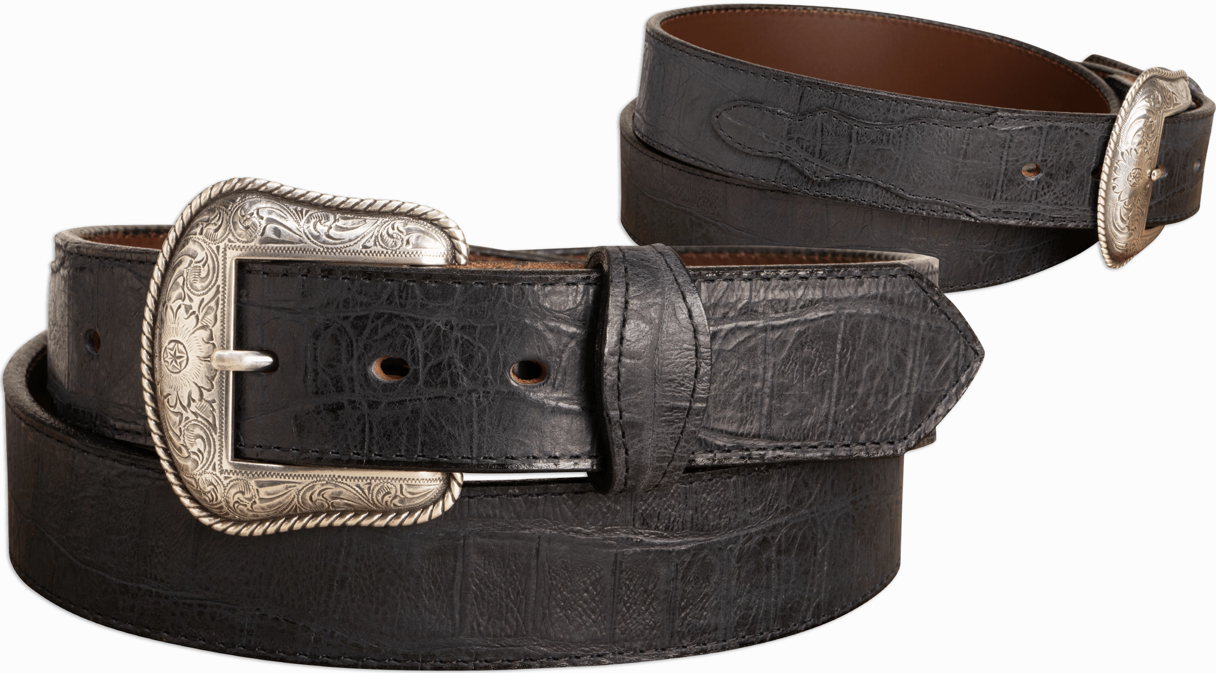 The Chomper: Men's Black Stitched Alligator Design Western Leather Belt 1.50"
