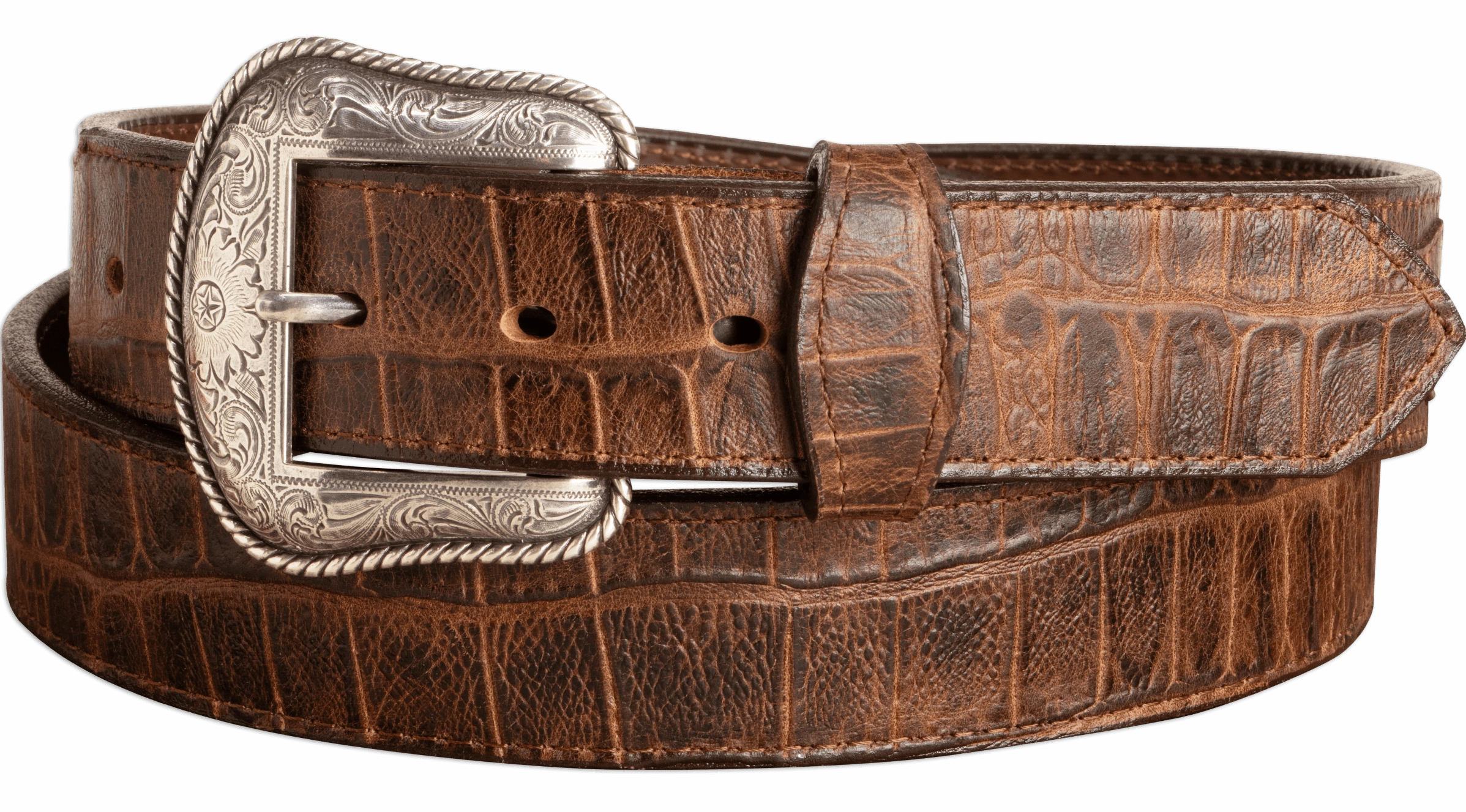 The Chomper: Men's Brown Stitched Alligator Design Western Leather Belt 1.50"