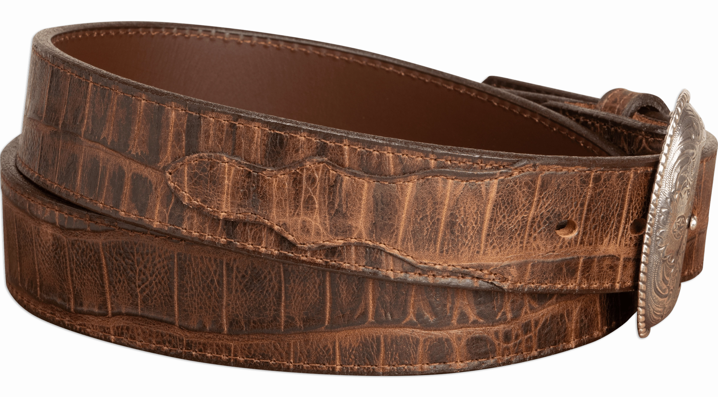 The Chomper: Men's Brown Stitched Alligator Design Western Leather Belt 1.50"