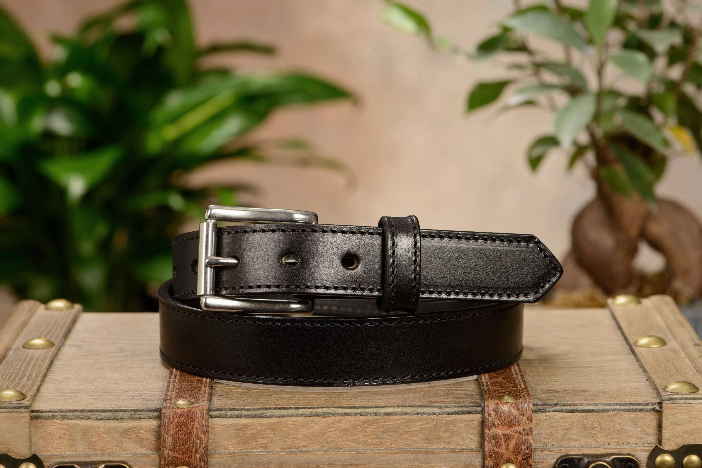 The Commander: Men's Black Stitched Leather Belt 1.25"