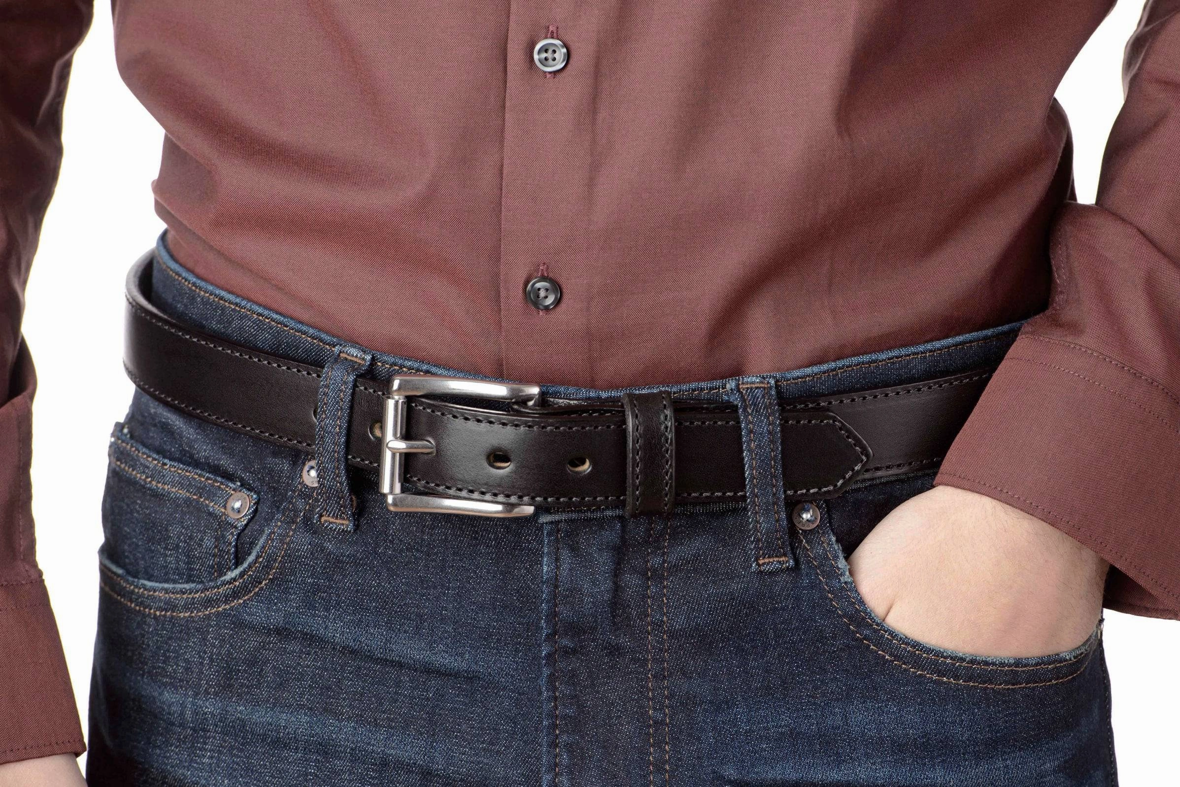 The Commander: Men's Black Stitched Leather Belt 1.25"