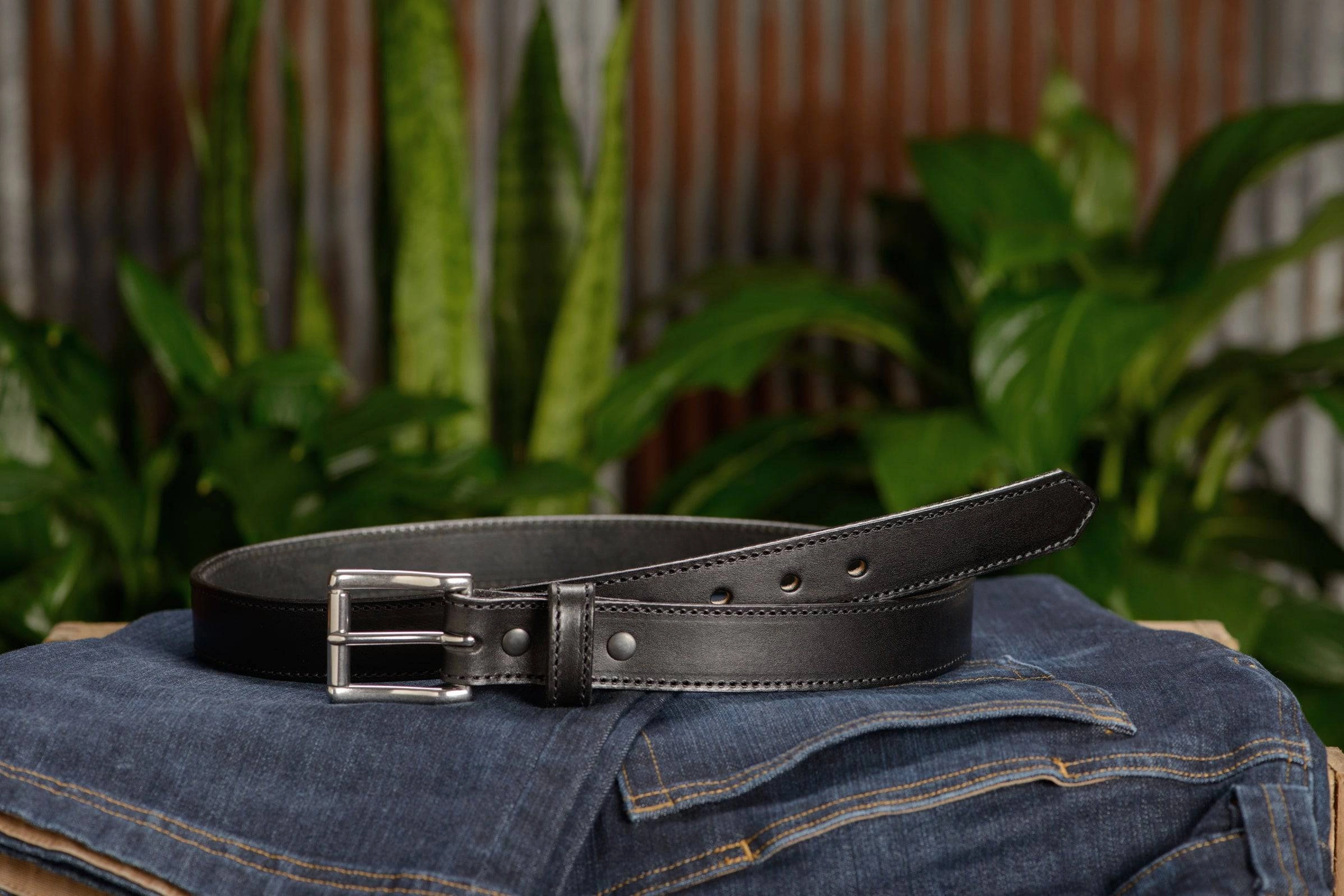 The Commander: Men's Black Stitched Leather Belt 1.25"
