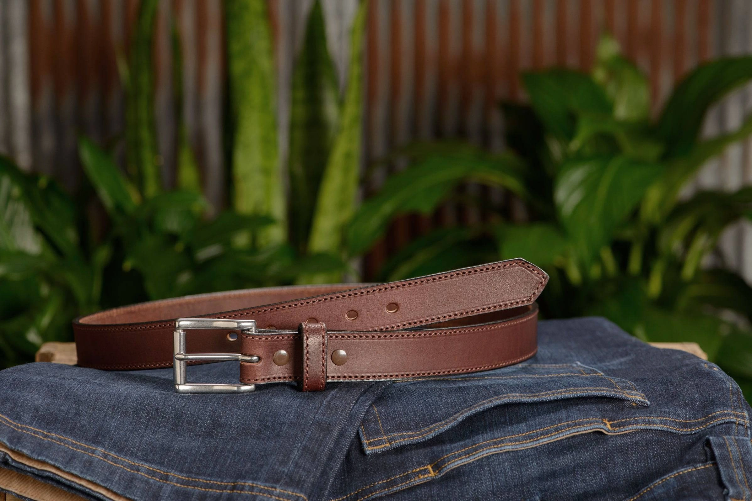 The Commander: Men's Brown Stitched Leather Belt 1.25"