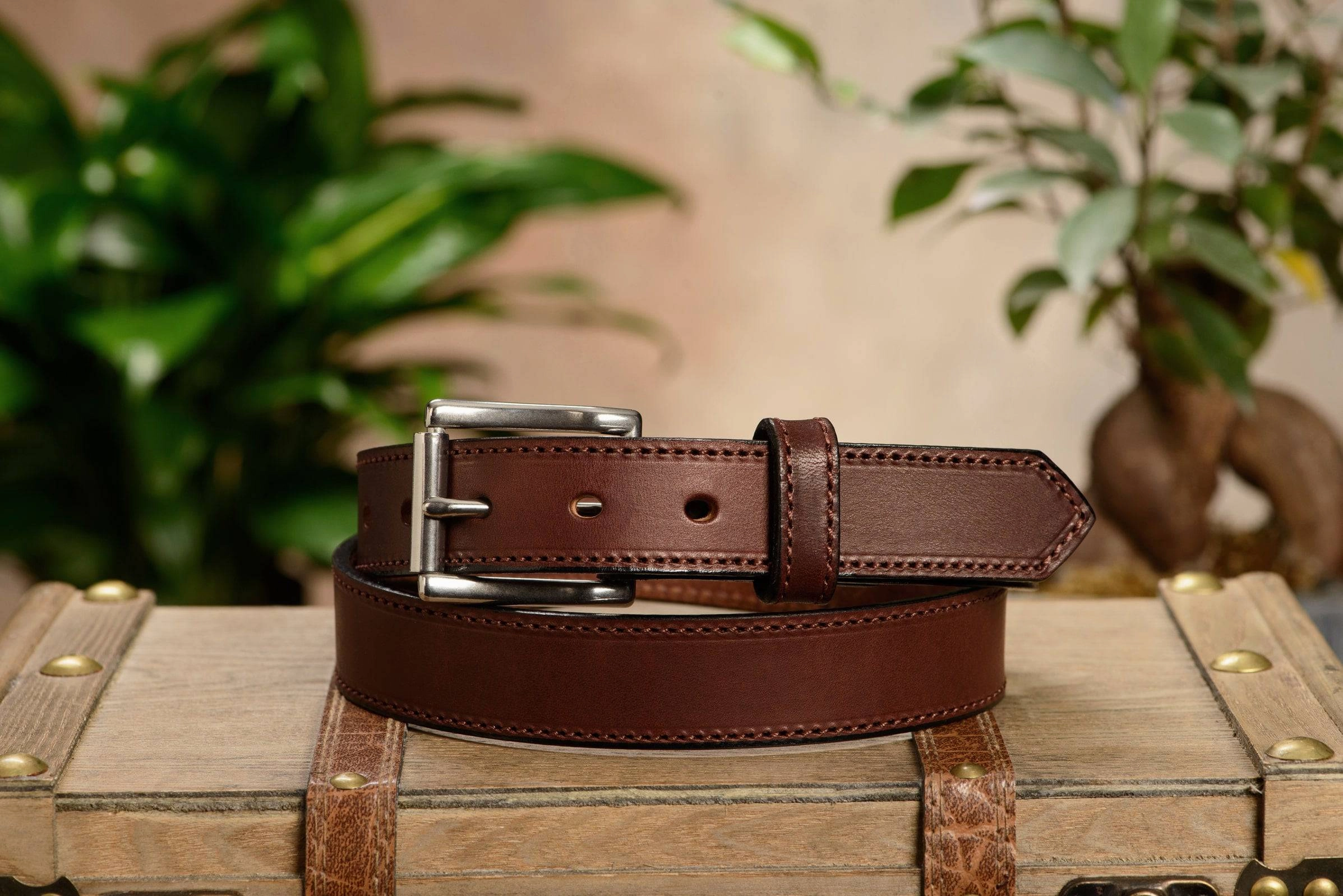 The Commander: Men's Brown Stitched Leather Belt 1.25"
