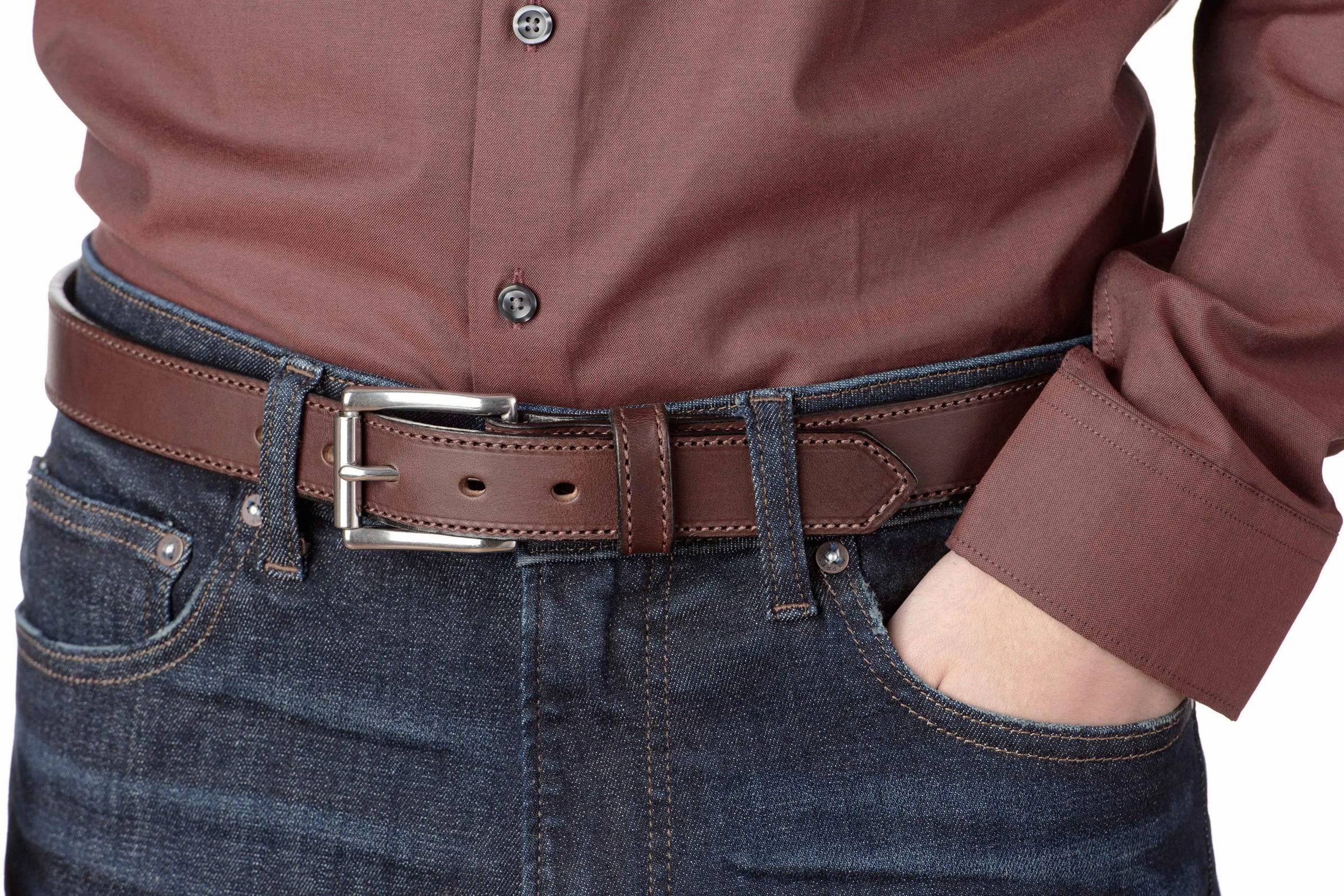 The Commander: Men's Brown Stitched Leather Belt 1.25"