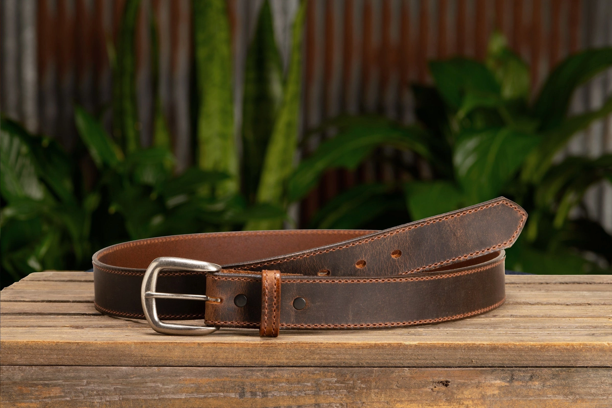 The Crazy Horse: Men's Oil Tanned Stitched Leather Belt 1.375" (Brown Colored Thread)