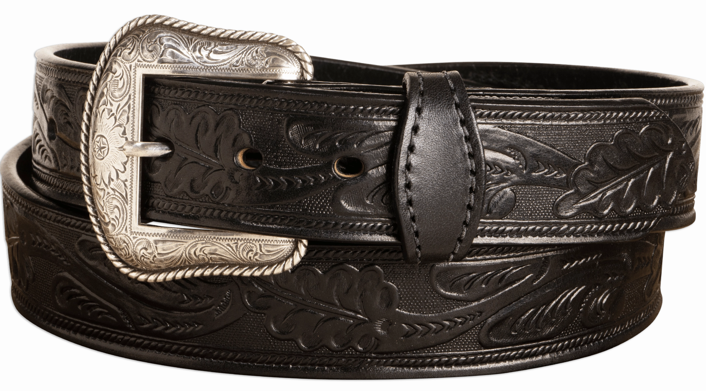 The Western Oak: Men's Black Oak Leaf Embossed Western Leather Belt 1.50" With Conchos