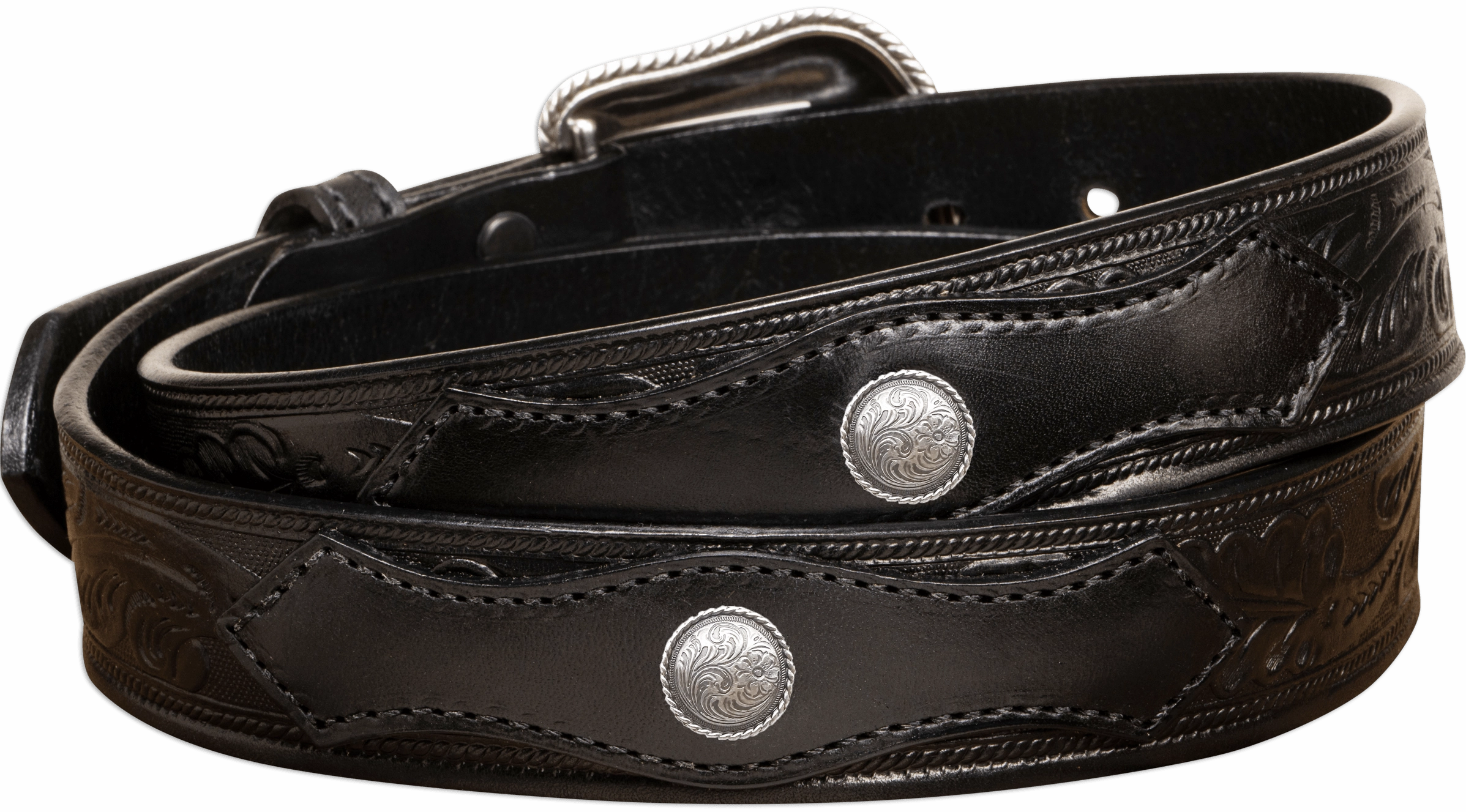The Western Oak: Men's Black Oak Leaf Embossed Western Leather Belt 1.50" With Conchos