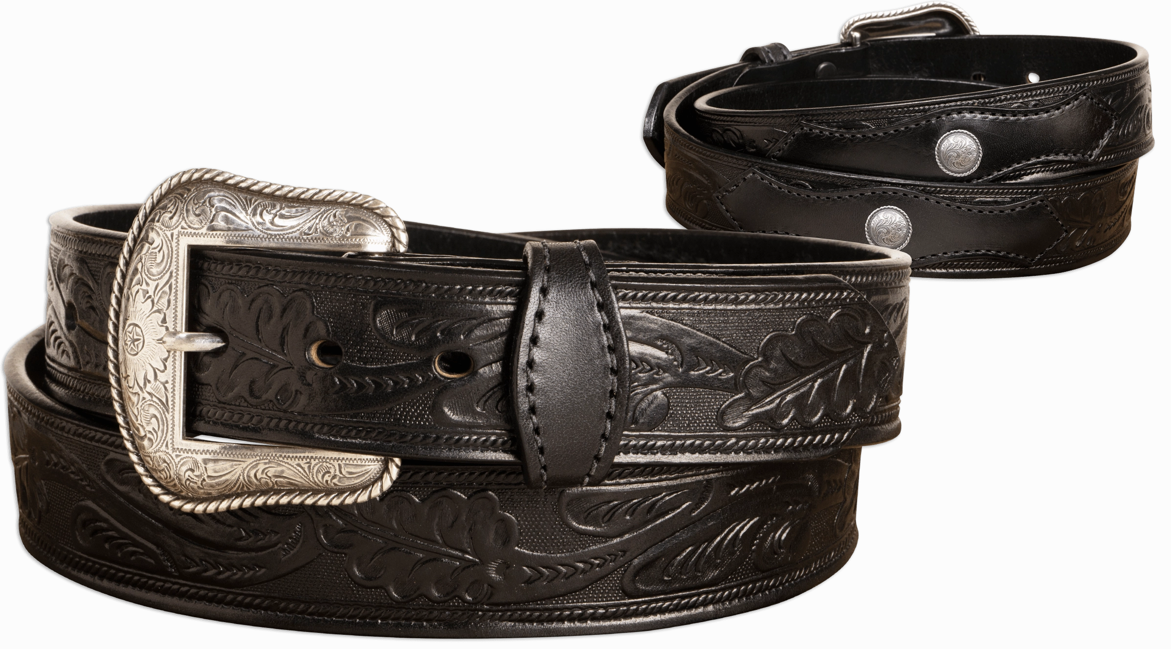 The Western Oak: Men's Black Oak Leaf Embossed Western Leather Belt 1.50" With Conchos