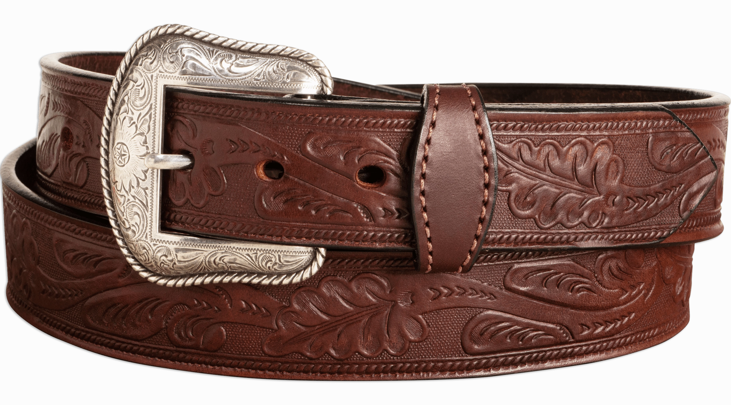 The Western Oak: Men's Brown Oak Leaf Embossed Western Leather Belt 1.50" With Conchos