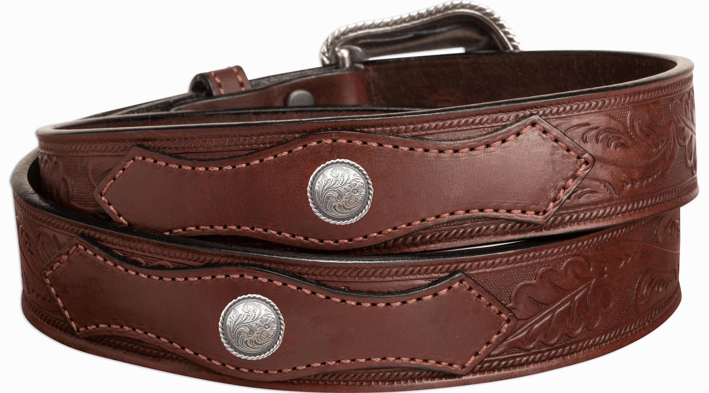 The Western Oak: Men's Brown Oak Leaf Embossed Western Leather Belt 1.50" With Conchos