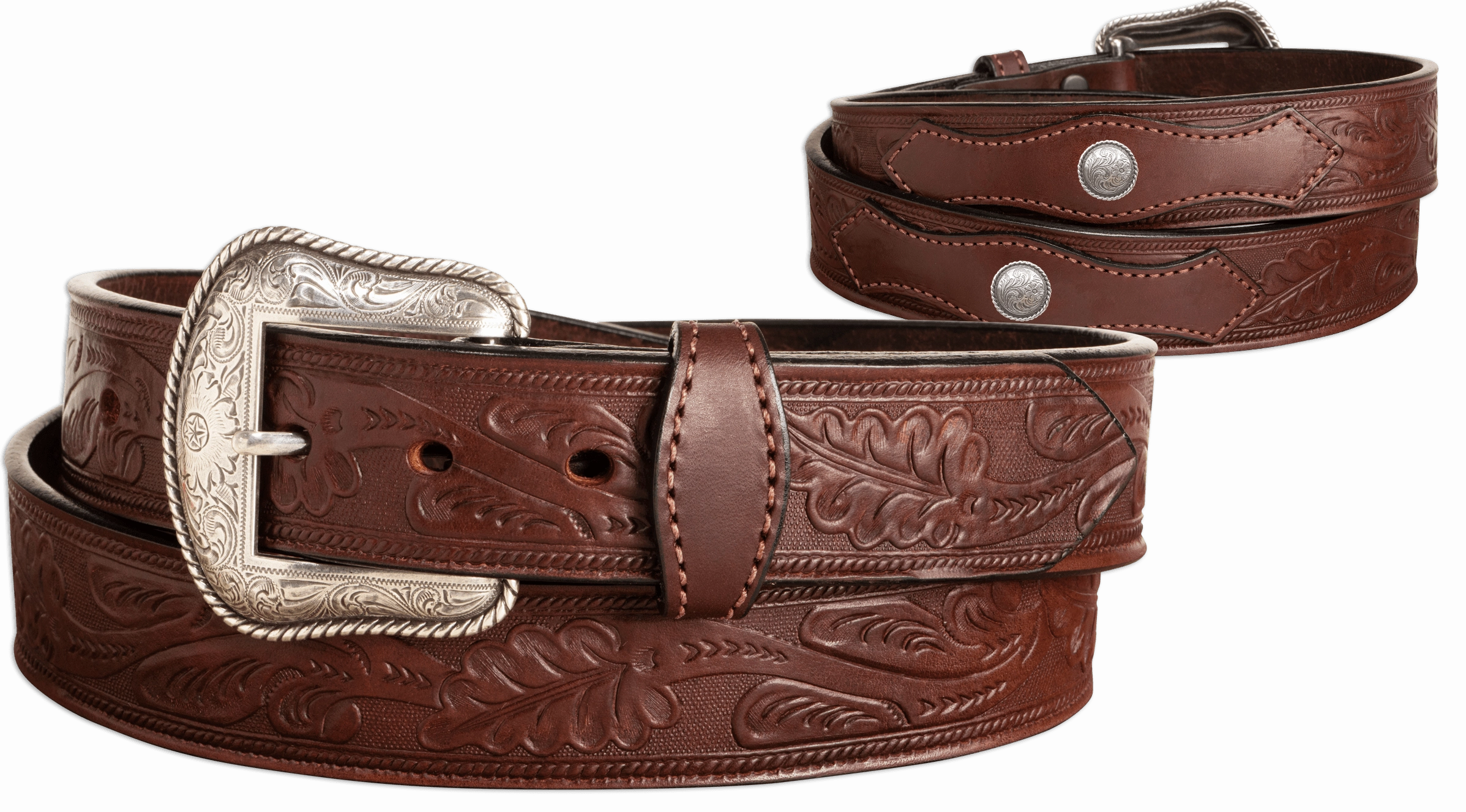 The Western Oak: Men's Brown Oak Leaf Embossed Western Leather Belt 1.50" With Conchos